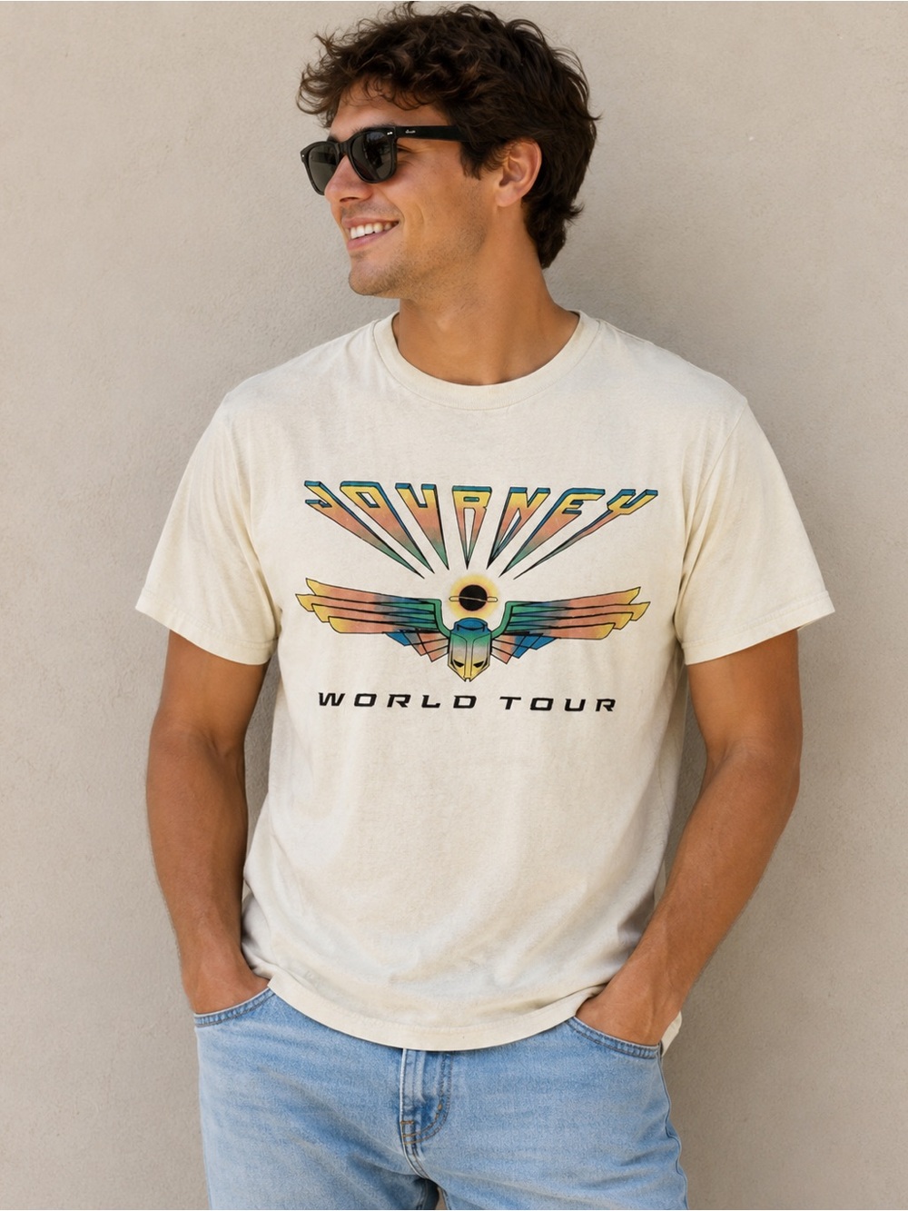 Journey World Tour Graphic Band T-Shirt Vintage Style Cream Tee